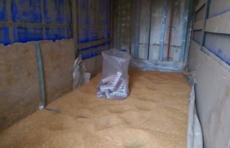 Ţigări de contrabandă ascunse printre cereale, descoperite în doua autocamioane de polițiștii de frontieră - FOTO