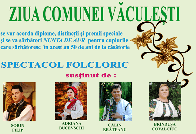 Ziua Comunei Văculeşti sărbătorită astăzi cu muzică, distincţii şi foc de artificii