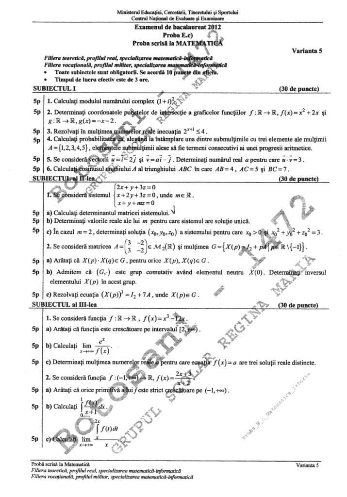 Subiecte Bacalaureat 2012 - Matematica T1
