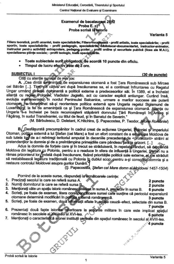 Subiecte Bacalaureat 2012 - Istorie_1