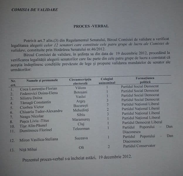 COMISIE DE VALIDARE SENAT