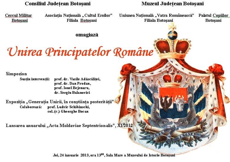 Ziua Unirii Principatelor Române, marcată, joi, la Muzeului de Istorie Botoșani
