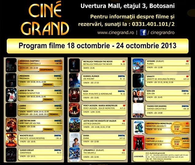 Uvertura Mall: Vezi ce filme rulează la Cine Grand în perioada 18 - 24 octombrie 2013!