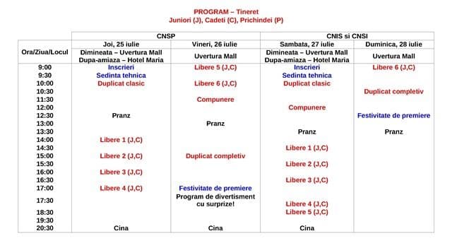 Program tineret, juniori, cadeti, prichindei