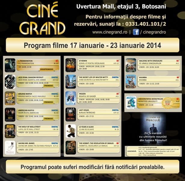 Uvertura Mall: Vezi ce filme rulează la Cine Grand în perioada 17-23 ianuarie 2014!