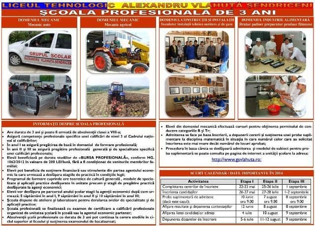 Planul de școlarizare la Liceul Tehnologic Alexandru Vlahuţă Şendriceni - Școala profesională