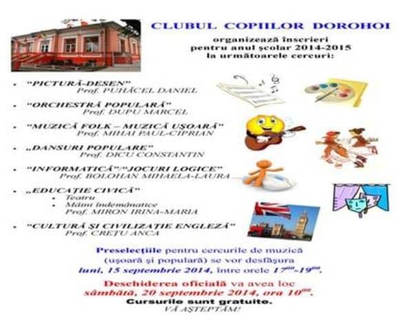 Clubul Copiilor Dorohoi organizează înscrieri pentru anul şcolar 2014-2015