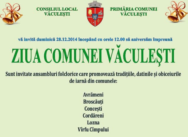 Ziua comunei Văculești sărbătorită duminică 28 decembrie cu datini și obiceiuri de iarnă. Vezi programul!