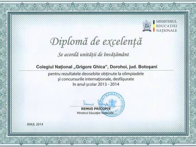 Diplomă de excelență oferită de Ministerul Educației Naționale, Colegiului Național „Grigore Ghica” Dorohoi