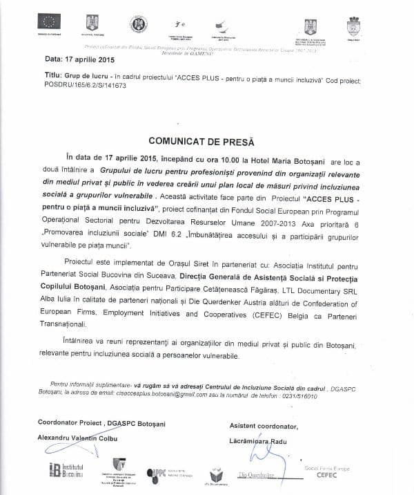 comunicat de presa Grup de lucru 2 DGASPC Botosani
