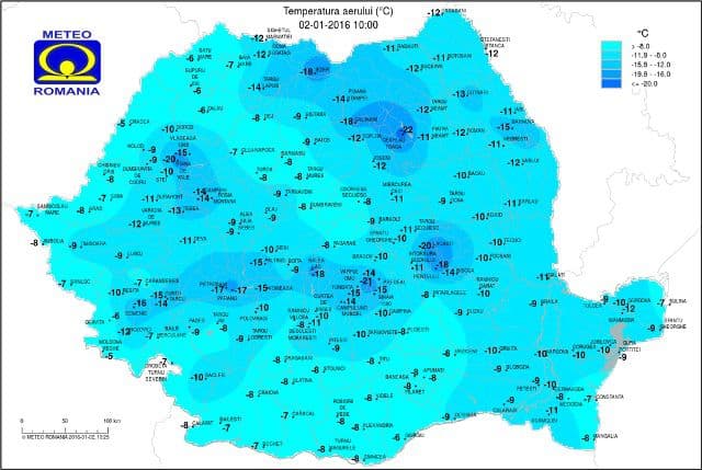 Ger siberian în România în a doua zi din 2016! S-au înregistrat -24 de grade la ora 09:00. Iată harta frigului
