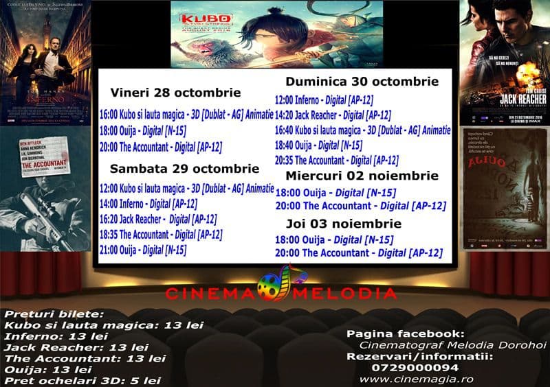 Vezi ce filme vor rula la Cinema „MELODIA” Dorohoi, în săptămâna 28 octombrie – 3 noiembrie