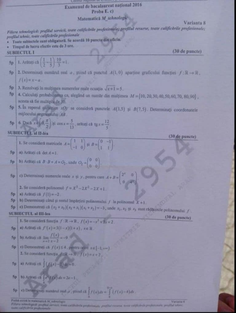 Subiecte Matematică - Profil Tehnologic 1