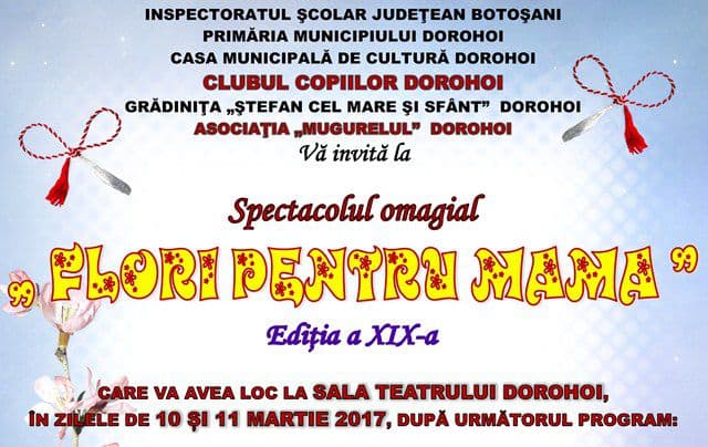 Clubul Copiilor Dorohoi: Concert omagial „Flori pentru mama”, ediția a XIX-a. Vezi programul!