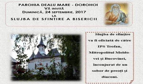 Invitație la slujba de sfințire a Bisericii din Dealul Mare