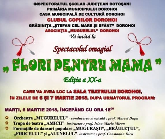 Clubul Copiilor Dorohoi: Concert omagial „Flori pentru mama”, ediția a XX-a. Vezi programul!