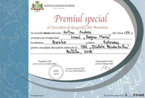 Premiul special al Societății de Geografie obținut la Olimpiada Interdisciplinară „Științele Pământului” de un elev al Liceului „Regina Maria” Dorohoi