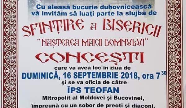 Invitație la sfințirea bisericii „Nașterea Maicii Domnului” din comuna Concești
