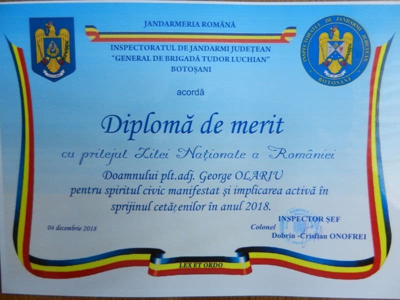 Jandarm din Botoșani recompensat cu ocazia Zilei Naţionale a României - FOTO