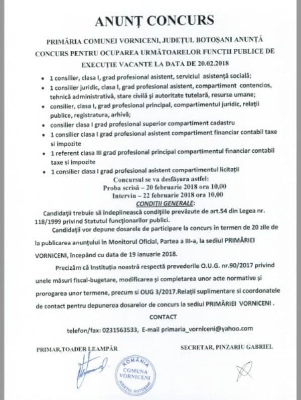 Anunt concurs Vorniceni