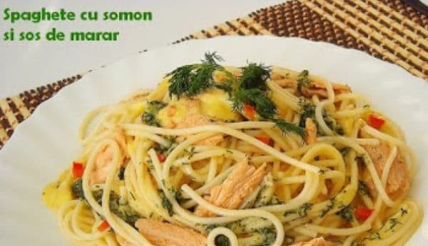 Spaghete cu somon și sos de mărar