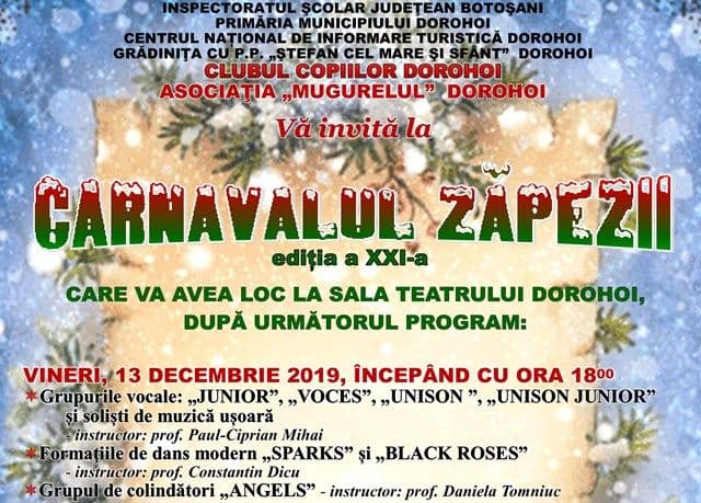 Clubul Copiilor Dorohoi organizează a XXI-a ediție a „Carnavalului Zăpezii”