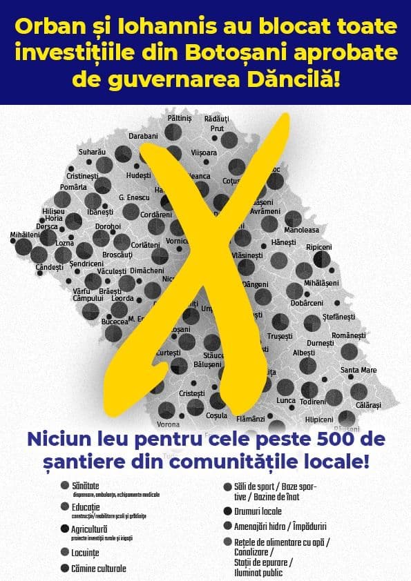 Comunicat - Orban și Iohannis au blocat toate investițiile din Botoșani aprobate de guvernarea Dăncilă! Niciun leu pentru cele peste 500 de șantiere d