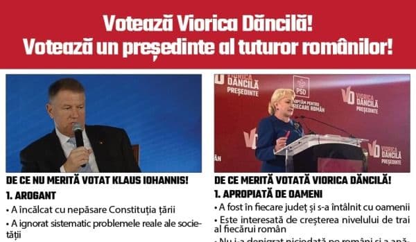 Comunicat - Dacă nu vrei încă 5 ani de ură și dezbinare între români vino la vot!  Fiecare vot contează! Votează Viorica Dăncilă!