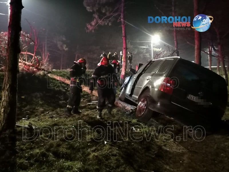 Accident la intrarea în Dorohoi! O mașină a ieșit de pe carosabil și a rupt doi copaci – FOTO