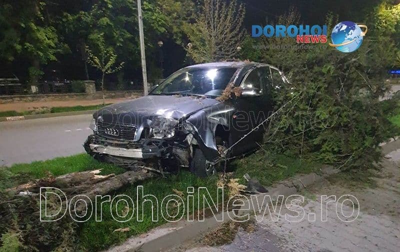Accident pe Bulevardul Victoriei din Dorohoi! O mașină a intrat pe scuar și a rupt un copac - FOTO