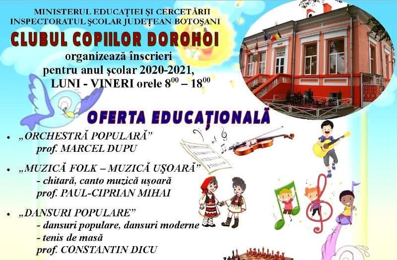 Clubul Copiilor Dorohoi organizează înscrieri pentru anul şcolar 2020-2021. Vezi detalii!
