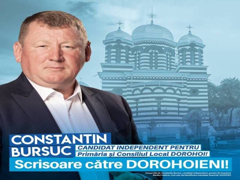 Constantin Bursuc, candidat independent: Scrisoare către dorohoieni „Avem o șansă împreună! Haideți să nu o ratăm și de această dată!”