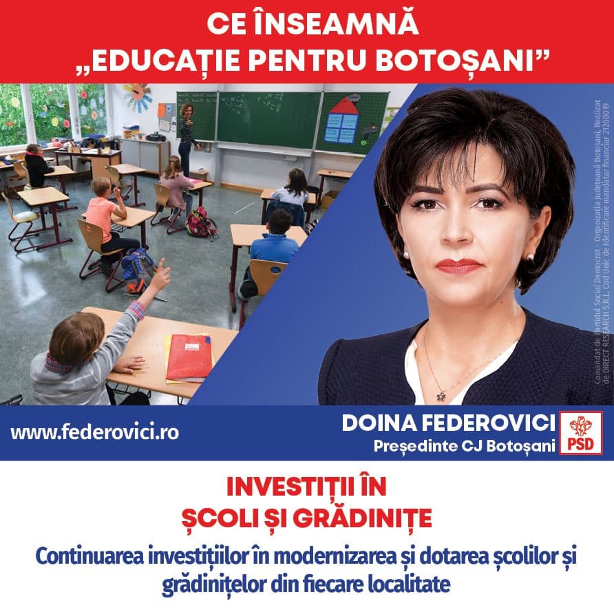 Doina Federovici: Continuăm investițiile în educație! Ne-am ținut de cuvânt: 164 de școli și grădinițe în 55 de localități, construcții noi și reabili