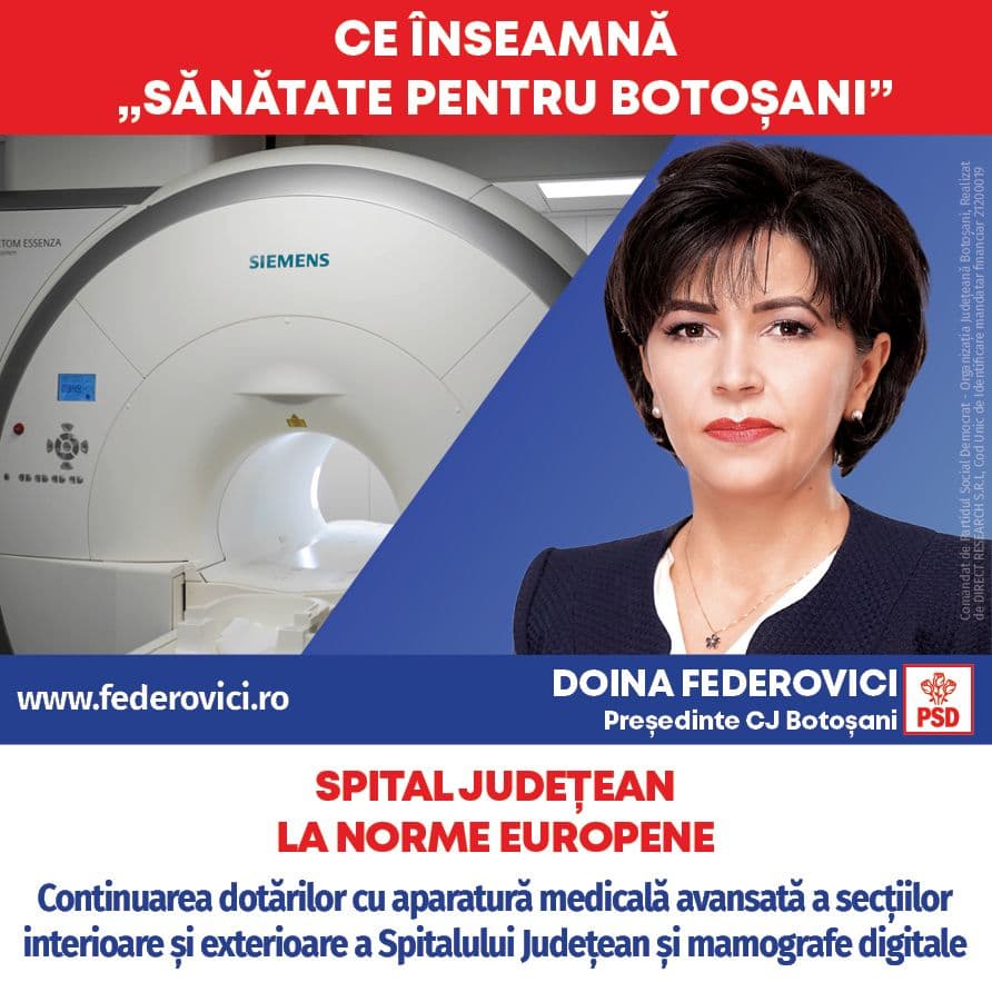 Doina Federovici: „La Consiliul Județean, voi continua investițiile în sănătate din guvernarea PSD: aparatură nouă la Spitalul Județean, modernizarea 