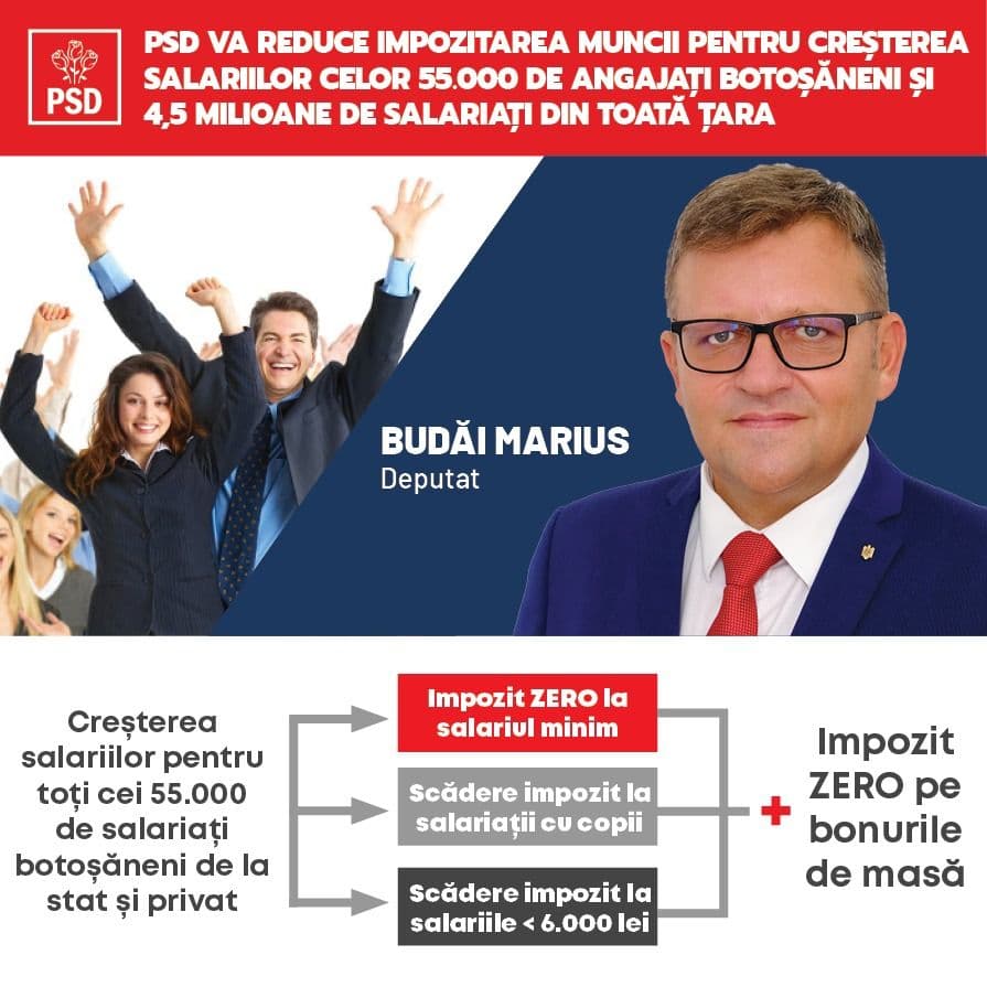Marius Budăi: „Guvernarea PSD va reduce impozitarea muncii pentru creșterea salariilor celor 55.000 de angajați botoșăneni și 4,5 milioane de salariaț