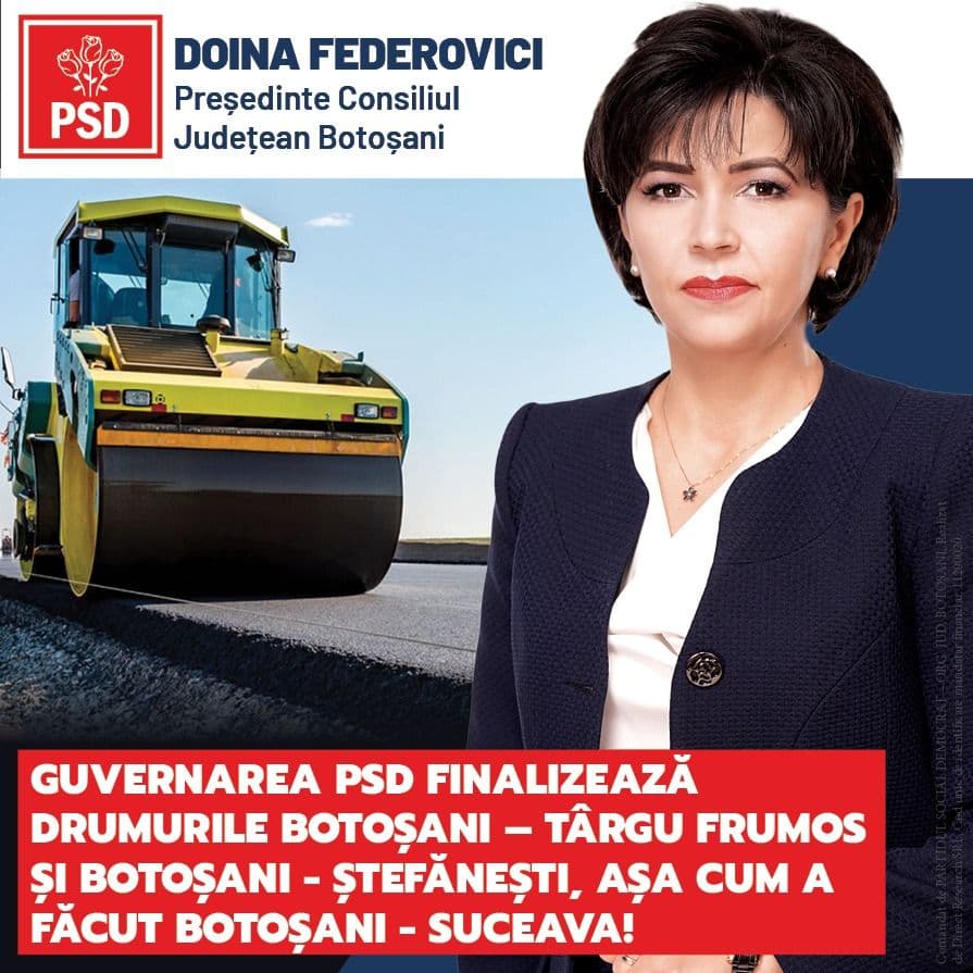 Doina Federovici: Guvernarea PSD finalizează drumurile Botoșani – Târgu Frumos și Botoșani - Ștefănești, așa cum a făcut și Botoșani - Suceava!
