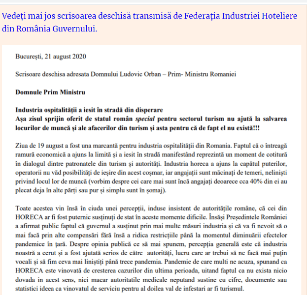 scrisoare HORECA catre GUvern Orban