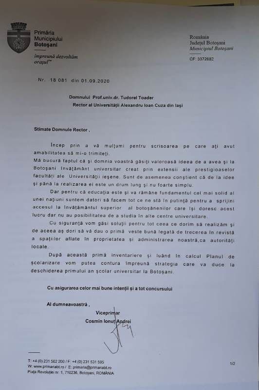 adresa raspuns Viceprimar Cosmin Andrei catre Cuza Iasi