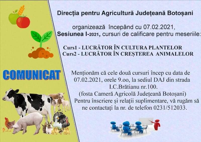 Direcția pentru Agricultură Județeană Botoșani organizează cursuri de calificare în domeniul agricol