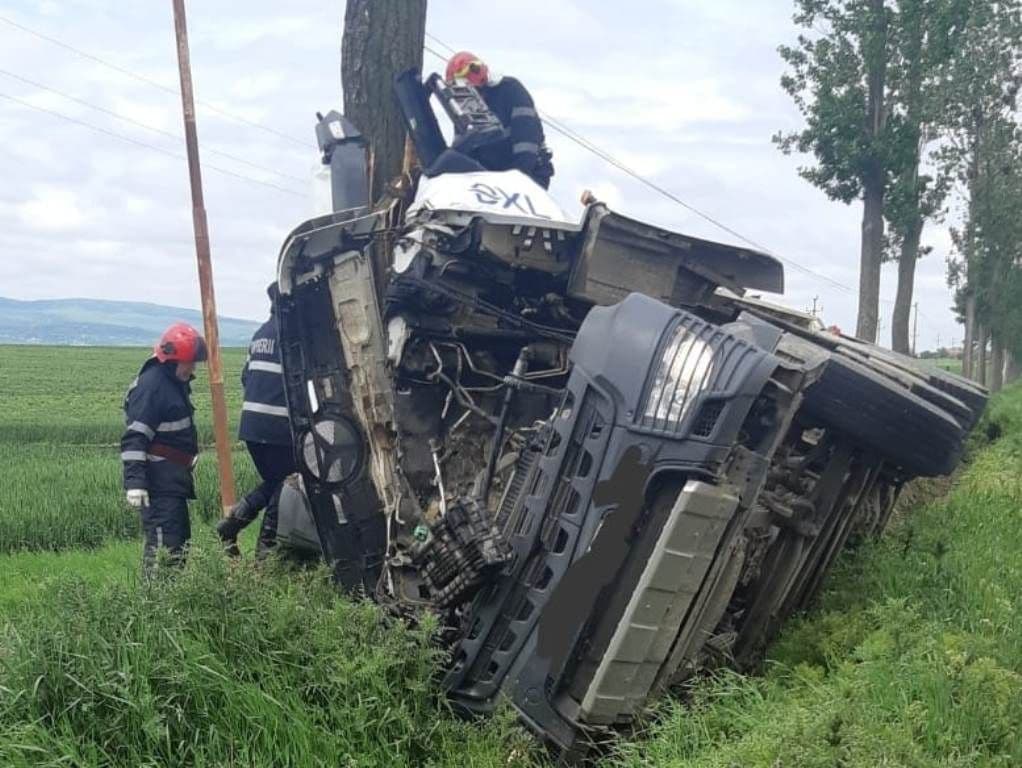 Camion încărcat cu piatră proiectat într-un copac - FOTO