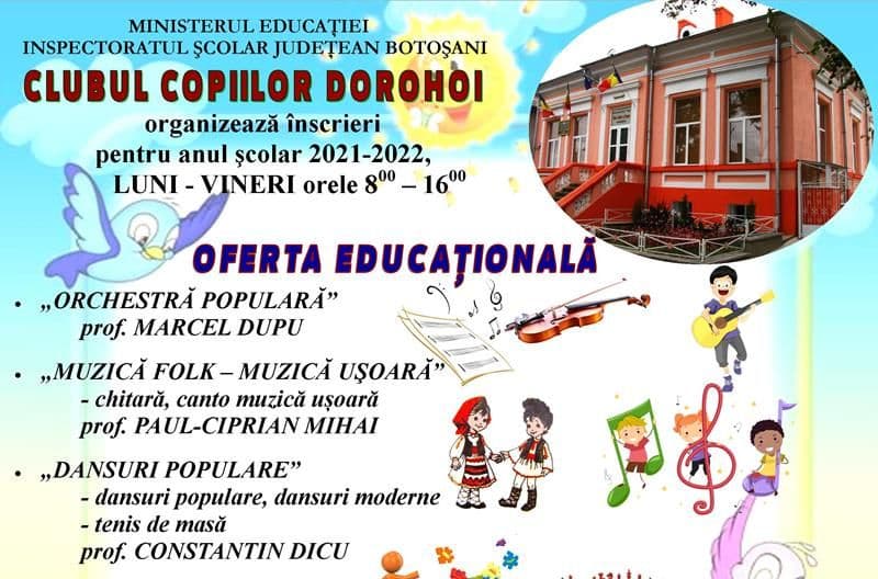 Clubul Copiilor Dorohoi organizează înscrieri pentru anul şcolar 2021-2022. Vezi detalii!