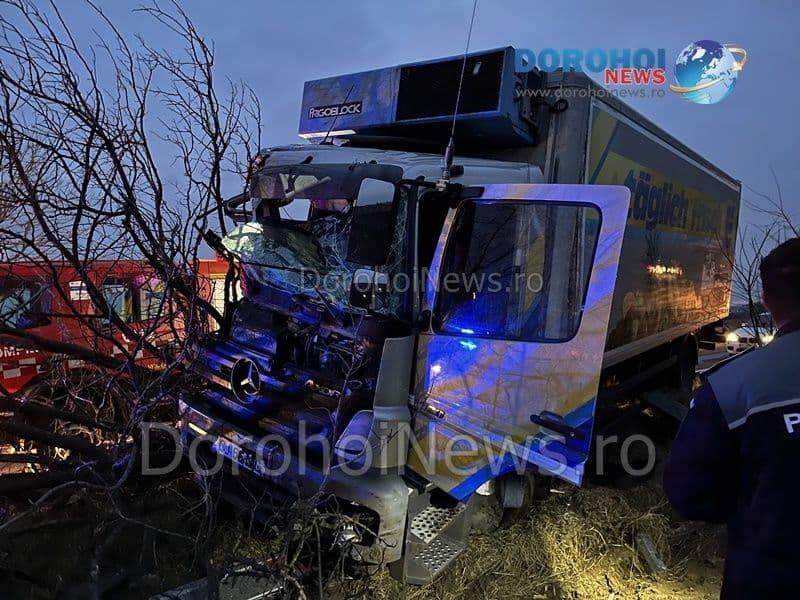 Accident în apropiere de Dumbrăvița! Un camion s-a izbit într-un copac de pe marginea drumului - FOTO