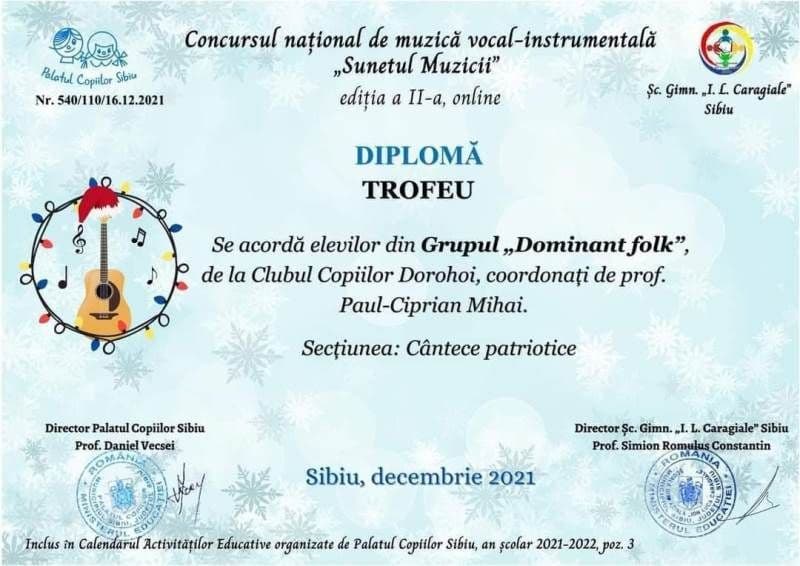 Elevi de la Clubul Copiilor Dorohoi premiați la Concursul Național „Sunetul muzicii” Sibiu 
