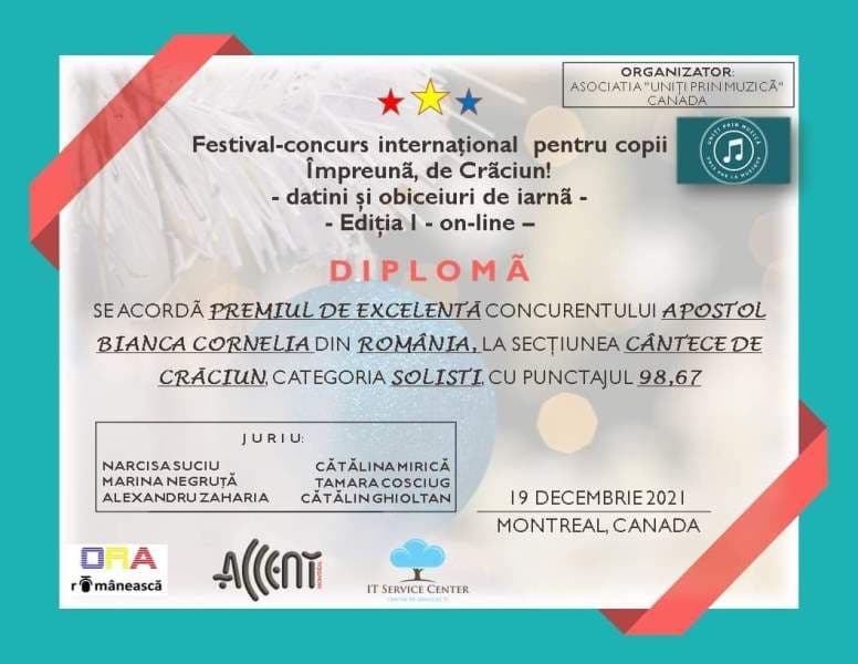 Elevă a Cercului Muzică folk-muzică ușoară de la Clubul Copiilor laureată la un Festival din Canada