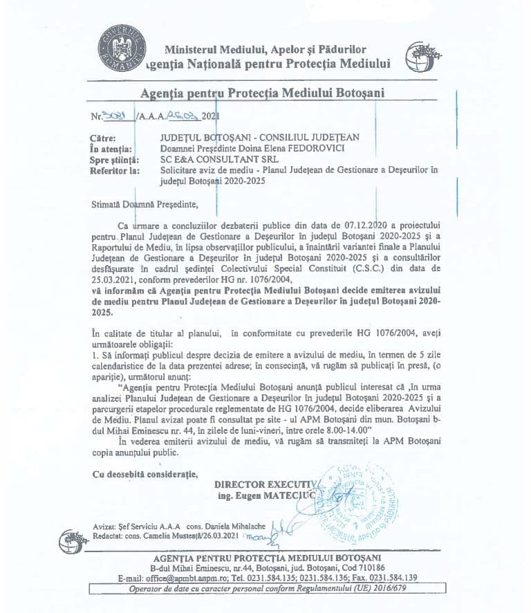 Decizie APM de emiterea Avizului de Mediu pentru PJGD
