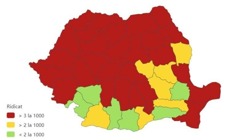 Aproape toată țara este roșie. Botoșaniul se află printre județele cu cele mai multe cazuri noi de Covid-19