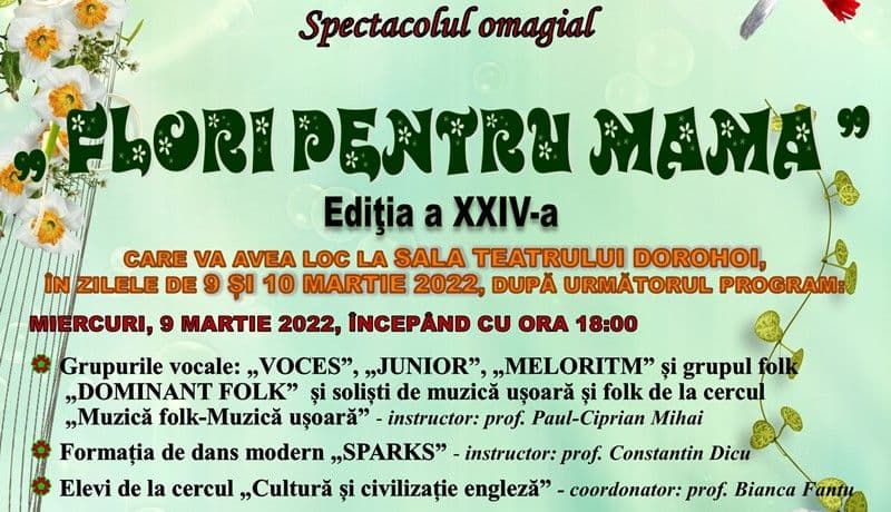 Clubul Copiilor Dorohoi: Spectacol omagial „Flori pentru mama” 2022. Vezi programul!