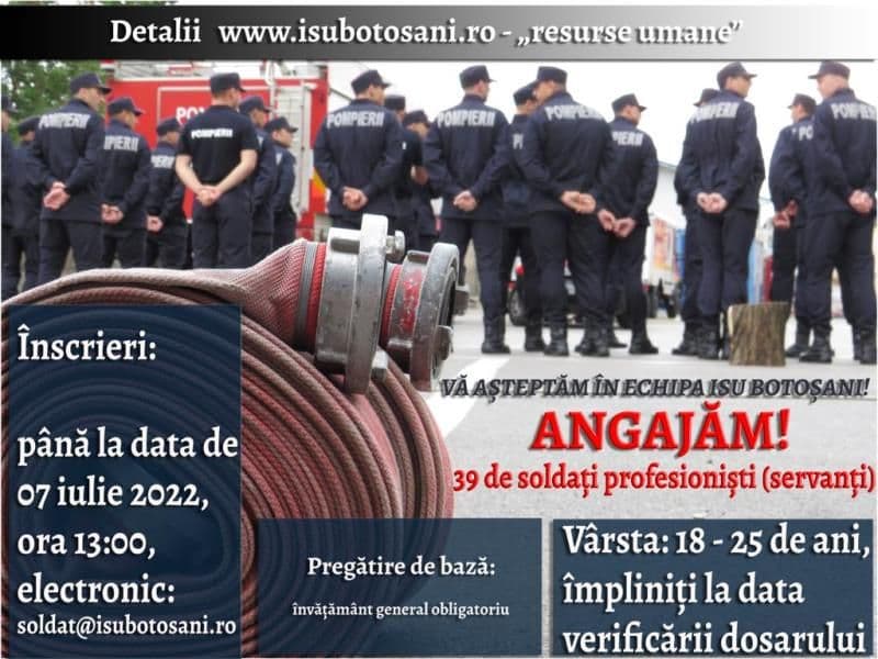 ISU Botoșani angajează 39 de soldați profesioniști. Alte șapte posturi scoase la concurs, prin încadrare directă