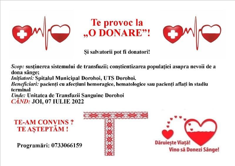 Campania „Te provoc la o donare!” continuă la UTS Dorohoi! Facem bine împreună!