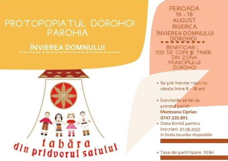 Invităm copiii creștini din Dorohoi în „Tabăra din Pridvorul Satului” (16-18 august 2022)